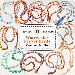 Gebetskette - 11 Aquarell Clipart Set, Boho, Spiritualität, Meditation, Mala, New Age Schmuck, Gebetsschmuck, Heilung, mystisch
