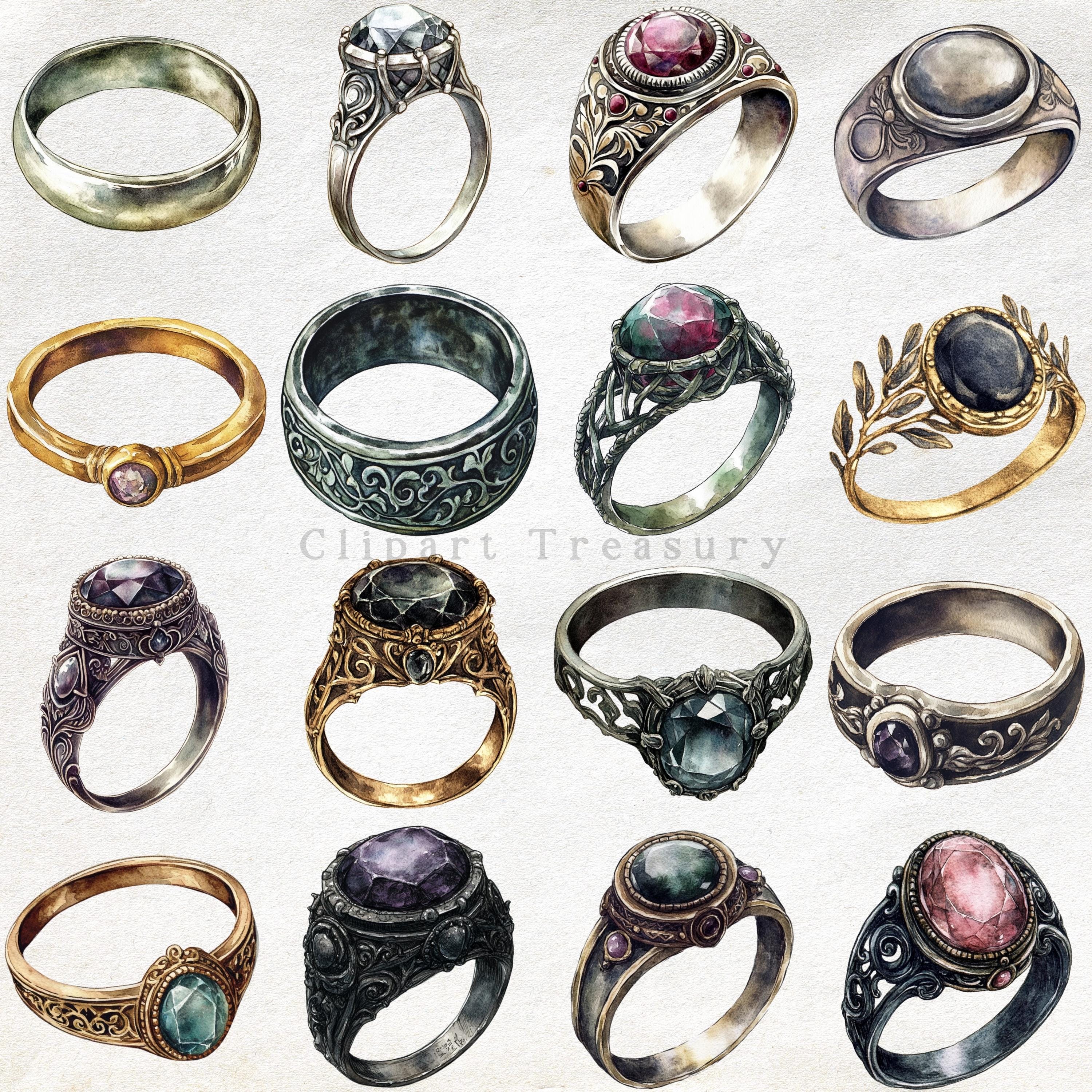 Fantasy Magic Gold Rings Watercolor Magical Rings Clipart – Fantasy Jewelry Graphics (digital ...