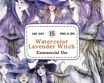 Lavendel Hexe Aquarell Clipart Set - 15 PNG & JPG, kommerzielle Nutzung (digitaler Download)