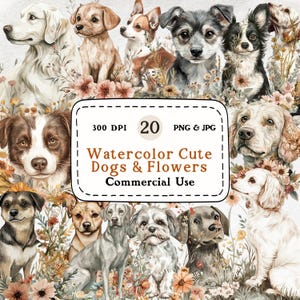Süße Hunde & Blumen - 20 Aquarell Clipart Set, Floral, wunderliche Hund Clipart, Cottagecore, 300 DPI, digitaler Download, kommerzielle Nutzung