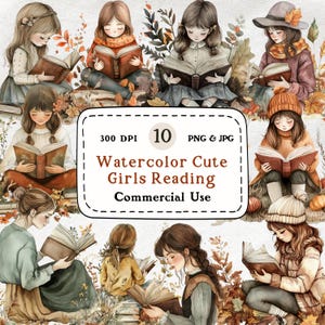 Girls Reading - 10 Watercolor Clipart Set, Reading Girl Clipart, Autumn, Fall, Book Lover Clipart, Bookworm, Book Reader, Bookish Girl