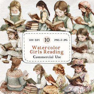 Girls Reading - 10 Watercolor Clipart Set, Reading Girl Clipart, Cute Girls & Books, Book Lover Clipart, Bookworm, Book Reader, Bookish Girl