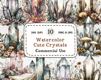 Paquete de imágenes prediseñadas de cristales de acuarela, ilustraciones de piedras preciosas (PNG y JPG)