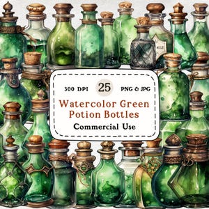 Puede incluir: Una colección de 25 ilustraciones de acuarela de botellas de poción verde. Las botellas son de varias formas y tamaños, algunas con tapones y otras con tapas. Las botellas están todas llenas de un líquido verde. Las ilustraciones son de 300 DPI y están disponibles en formatos PNG y JPG. Se permite el uso comercial.