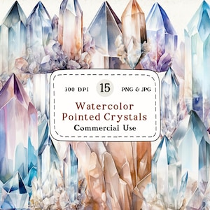 Clipartset aquarelkristal – puntige edelsteen, png, commercieel gebruik (digitale download)