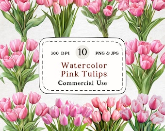 Pink Tulip Watercolor Clipart Set – Floral PNG Bundle (Digital Download)