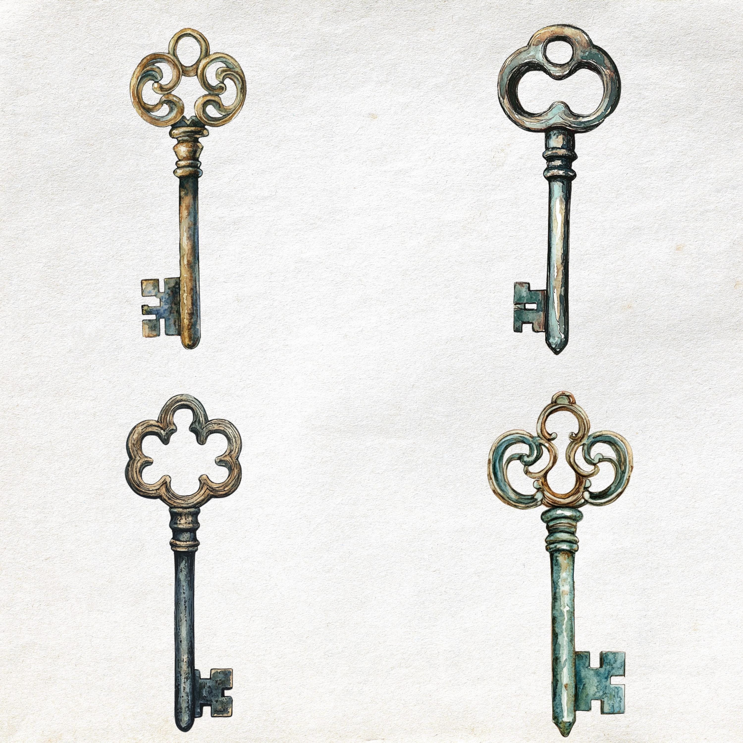 Watercolor Vintage Key Clipart Set – Antique Illustration (PNG & JPG ...
