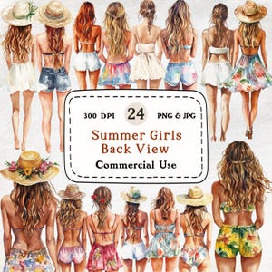 Vista posteriore delle ragazze estive - Set di 24 clipart ad acquerello, clipart di donna, abiti estivi, 300 DPI, download digitale, scrapbooking, uso commerciale