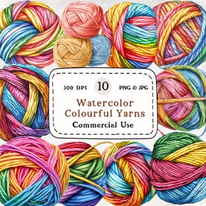 May include: Watercolor illustration of ten colorful yarn balls in various colors, including pink, blue, yellow, and green. The image includes text that reads "Watercolor Colourful Yarns Commercial Use."
