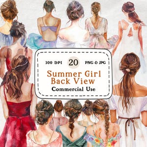 Vista posteriore di una ragazza estiva - Set di 20 clipart ad acquerello, clipart di donna, abiti estivi, 300 DPI, download digitale, scrapbooking, uso commerciale