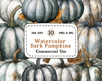 Dark Fall Pumpkins Watercolor Clipart Set – 10 PNG & JPG, Commercial Use (Digital Download)