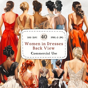 Mujeres con vestidos elegantes: conjunto de 40 imágenes prediseñadas de acuarela, ilustraciones de vista posterior, vestidos de noche y clip art de moda, vestido de noche de fiesta