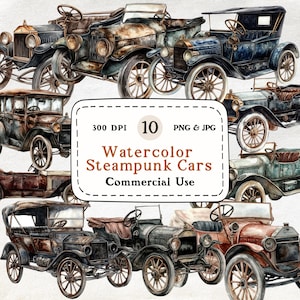 Steampunk Cars - 10 Watercolor Clipart Set, Neo-Victorian fantasy Clip Art, Antique Car Steampunk Style, Mechanical, Vintage, Industrial