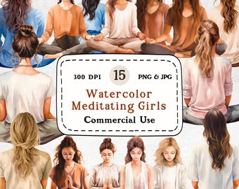 Set di clipart di ragazze in meditazione ad acquerello – Yoga e consapevolezza (download digitale)