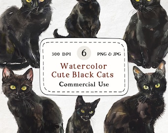 Aquarell schwarze Katze Clipart Bundle, Halloween witchy Illustration (kommerzielle Nutzung)