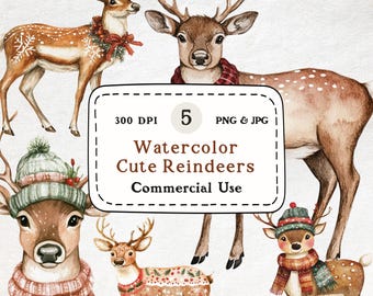 Christmas Reindeers - 5 Watercolor Clipart Set, Reindeer Clipart, Christmas Animals, Festive Holiday Illustrations, Santa&#39;s Reindeer Art