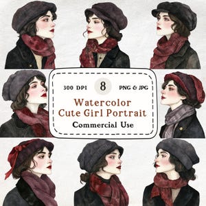 Winter Girl Portrait - 8 Watercolor Clipart Set, Women Clipart, Cute Winter Lady, Girl PNG, Digital Download, Scrapbooking, Commercial Use
