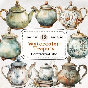 Teapots - 12 Watercolor Clipart Set, Tea Time, Vintage Illustrations Bundle, 300 DPI, Scrapbooking, Junk Journal, Commercial Use