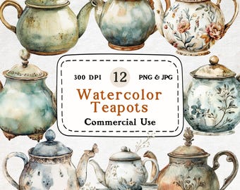 Watercolor Teapot Clipart Set – Vintage Tea Party Illustrations (Digital Download)