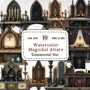 Può includere: Illustrazioni ad acquerello di vari altari magici, con elementi architettonici gotici, candele, libri e oggetti decorativi. L'immagine include il testo "Watercolor Magickal Altars Commercial Use". Gli altari sono in tonalità di marrone, grigio e viola.