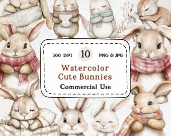 Paquete de imágenes prediseñadas de conejito en acuarela: Conejito lindo PNG, arte infantil (descarga digital)