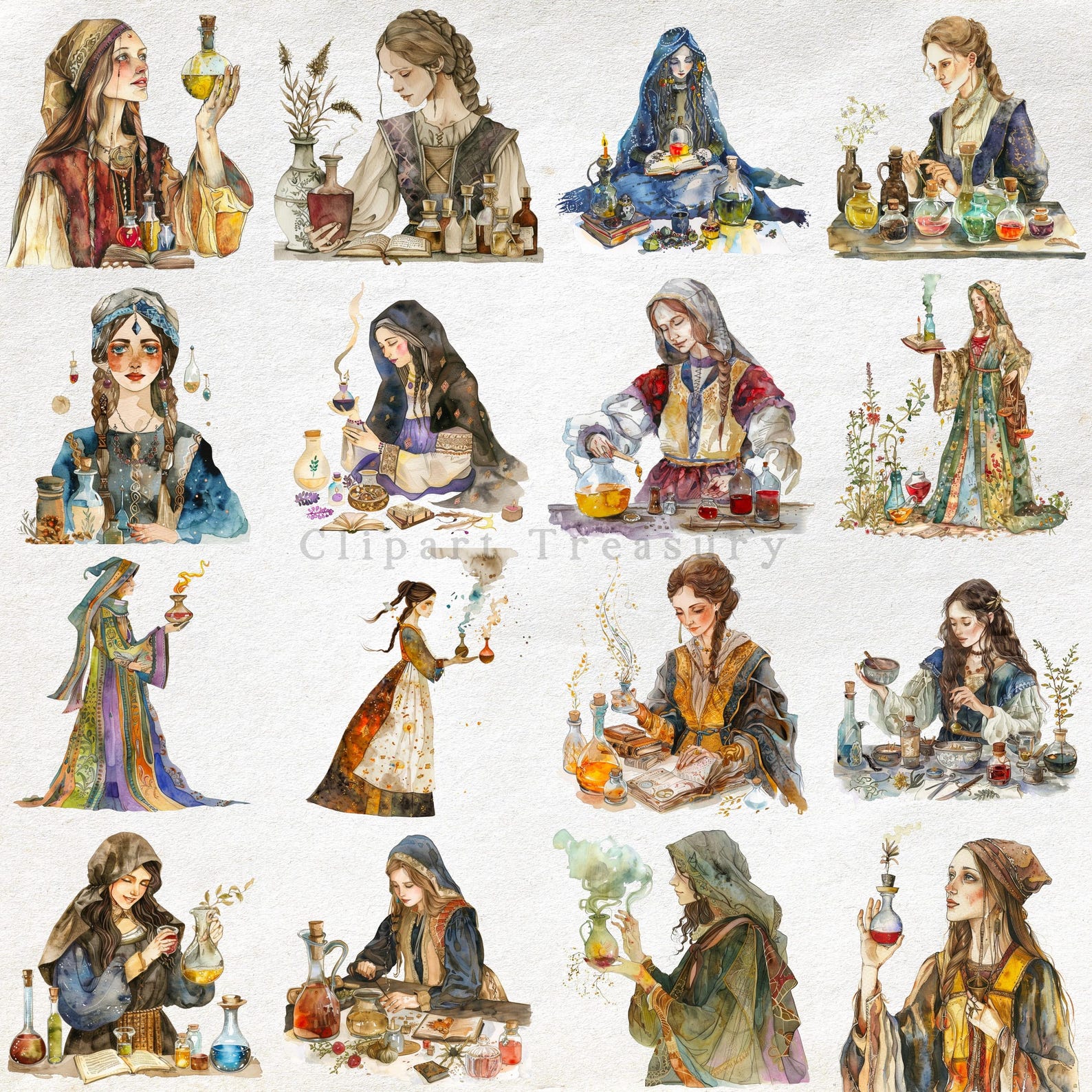 Watercolor Alchemist Clipart – 70 Magic Women Graphics (digital ...