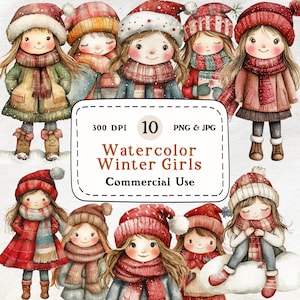 Chicas de invierno: conjunto de 10 imágenes prediseñadas de acuarela, niñas lindas, niña acogedora, arte de invierno para niños, imágenes prediseñadas de niñas en invierno, 300 DPI, uso comercial