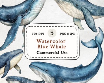 Watercolor Whale Clipart Bundle, Ocean Nursery Art (PNG)