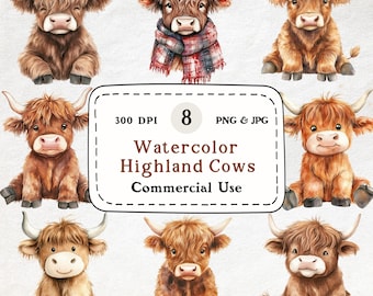 Watercolor Highland Cow Clipart Set – Cute Animal Illustrations (Digital Download)