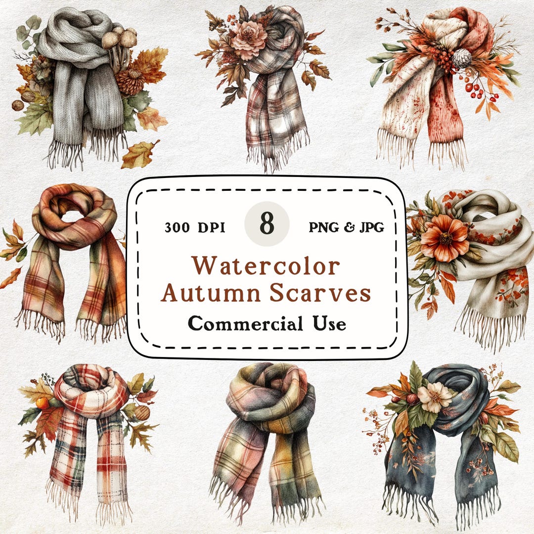 Watercolor Autumn Scarves Clipart Set – Cozy Fall Fashion (PNG & JPG ...