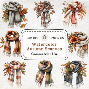 Conjunto de imágenes prediseñadas de bufandas otoñales en acuarela: Moda otoñal acogedora (PNG y JPG)