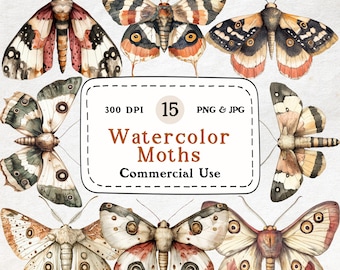 Watercolor Moth Clipart Set – 15 Mystical Insect PNG & JPG (Digital Download)