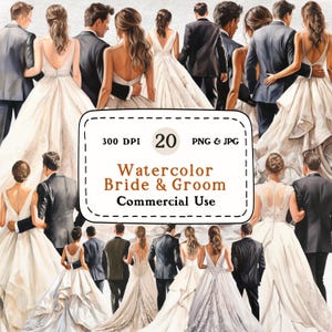 Novios - Conjunto de 20 imágenes prediseñadas de acuarela, paquete de imágenes prediseñadas de pareja, pareja de espaldas, pareja de novios, romance, amor, matrimonio, descarga digital