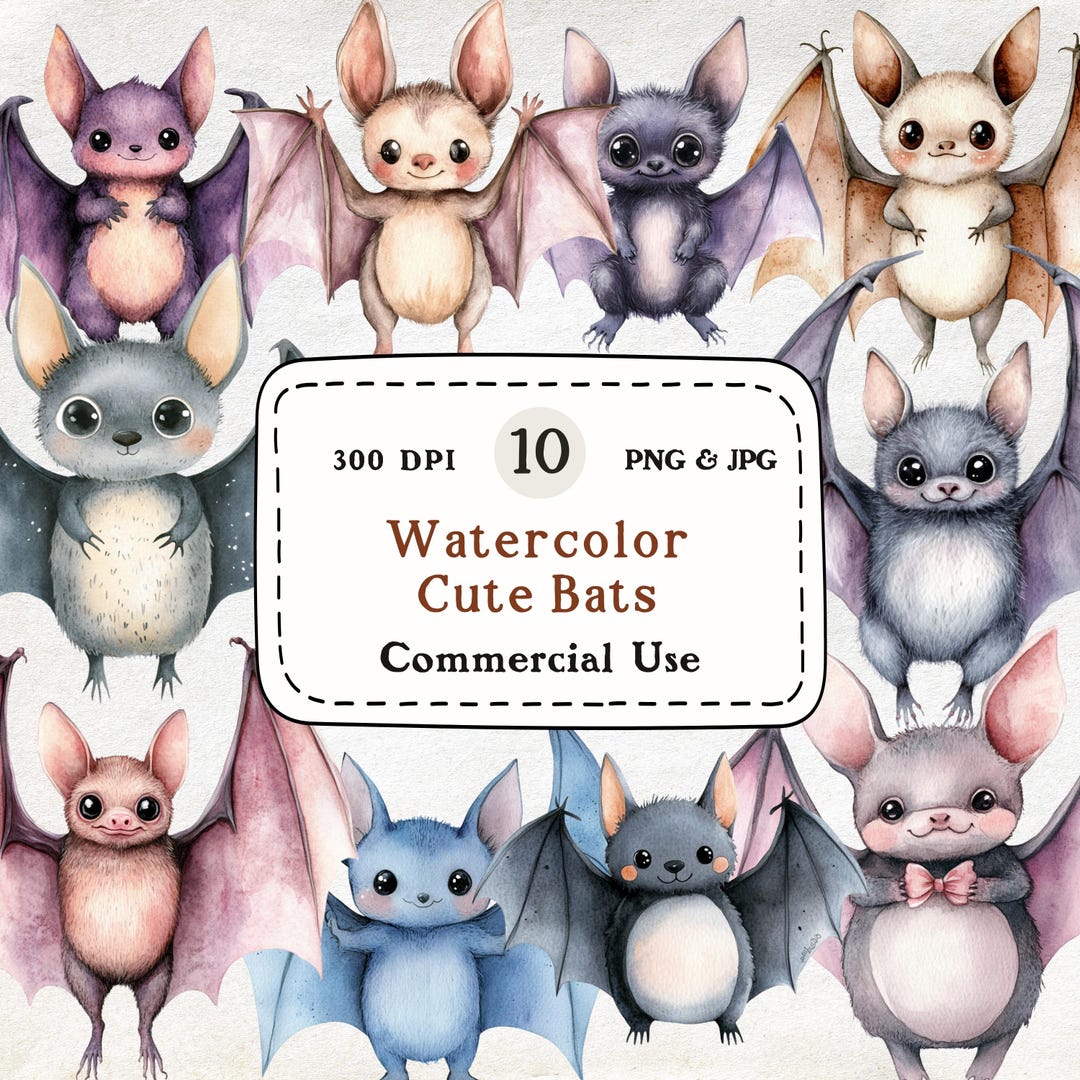 Cute Bat Clipart Bundle - 10 Watercolor Baby Bats, Kawaii Halloween ...