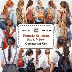 Niñas de la escuela, vista posterior - 22 imágenes prediseñadas de acuarela, conjunto de estudiantes, vista posterior de niñas, estudiantes universitarios, chicas universitarias, imágenes prediseñadas de regreso a la escuela