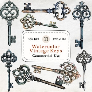 Vintage Keys - 11 Watercolor Clipart Set, Antique Key Illustration, Victorian Style Keys, Rustic Clip Art, Skeleton Key, Commercial Use