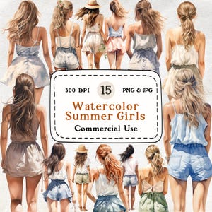 Achteraanzicht zomermeisje - 15 aquarel clipartset, vrouw clipart, zomeroutfits, 300 dpi, digitale download, scrapbooking, commercieel gebruik