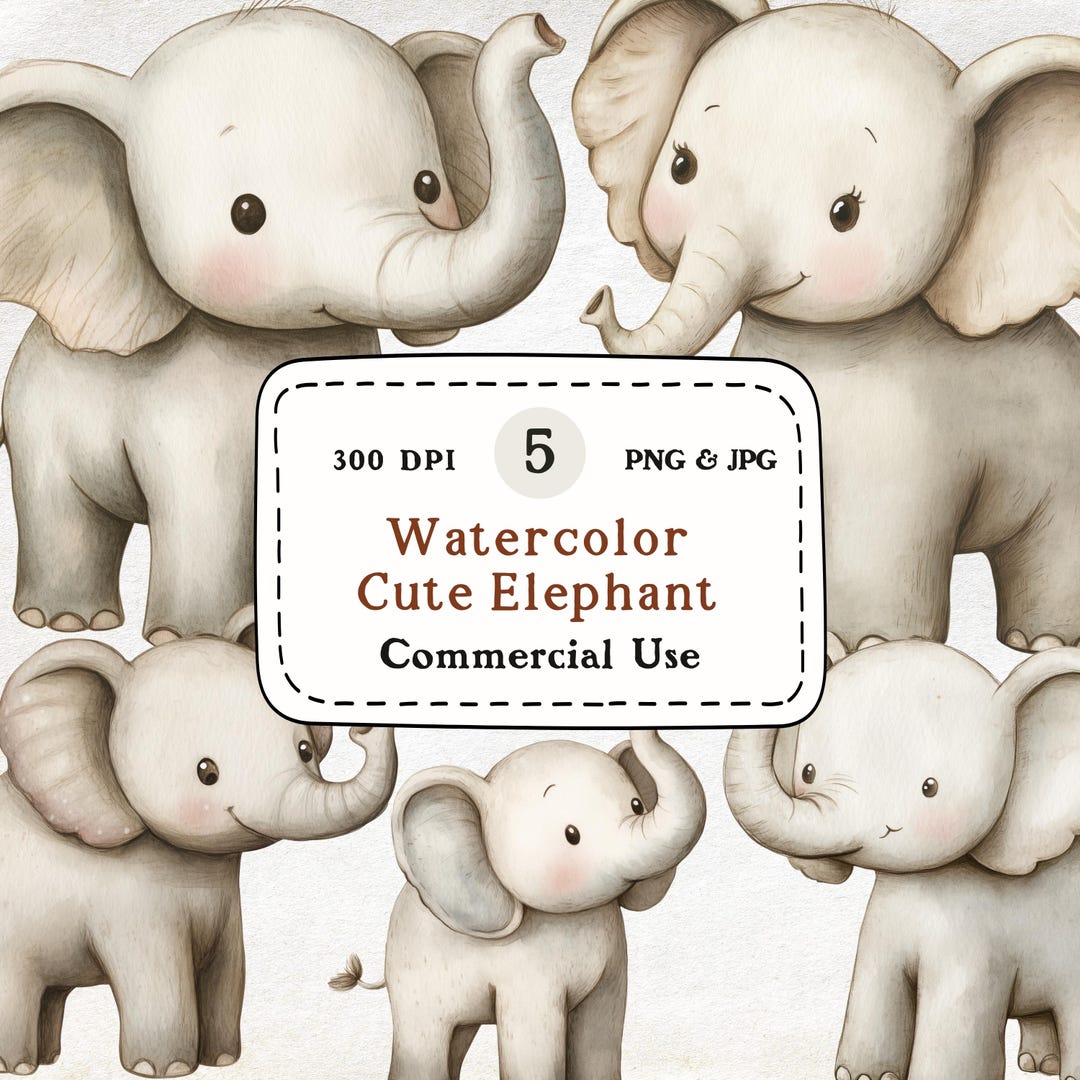Watercolor Elephant Clipart, Baby Jungle Animals (PNG JPG) - Etsy