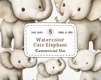 Aquarell Elefant Clipart, Baby Dschungeltiere (PNG JPG)