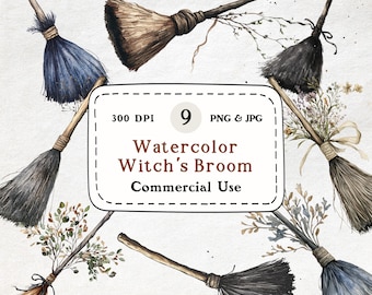 Watercolor Witch Broom Clipart – Magical Brooms, Halloween Graphics (Digital Download)