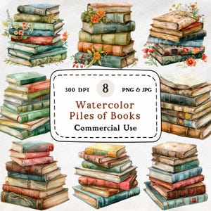 Pile di libri - Set di 8 clipart ad acquerello, Libro vecchio, Pila di libri, Biblioteca, Clipart per amanti dei libri, Download digitale, Scrapbooking, Uso commerciale