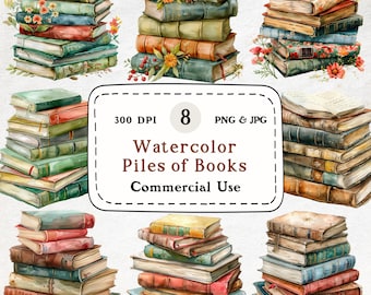 Könnte beinhalten: Aquarellillustrationen von acht Stapeln Bücher in verschiedenen Größen und Farben. Die Bücher sind mit Blumen verziert und haben ein gealtertes, Vintage-Aussehen. Das Bild enthält den Text "Watercolor Piles of Books Commercial Use."