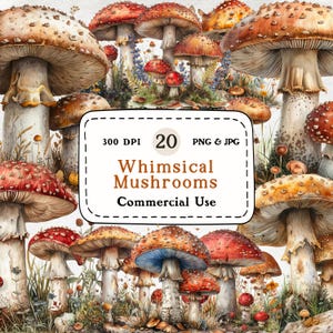 Champignons lunatiques - ensemble de 20 cliparts aquarelle, clipart fantastique, champignon PNG vintage, champignons mystiques, champignon vénéneux de la forêt, téléchargement numérique