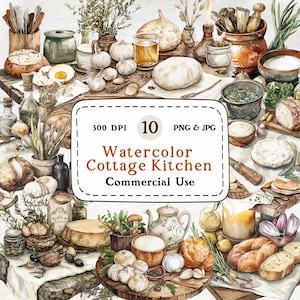 Cottagecore Kitchen-10 aquarel clipartset, keuken clipart, voedseltafel, 300 DPI, digitale download, scrapbooking, commercieel gebruik