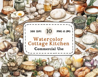 Cottagecore Kitchen Watercolor Clipart Set – Food Illustrations (Digital Download)