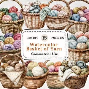 Garn und Wolle Körbe - 15 Aquarell Clipart Set, Stricken Korb Clipart, Wolle Garn Ball, digitaler Download, Scrapbooking, kommerzielle Nutzung
