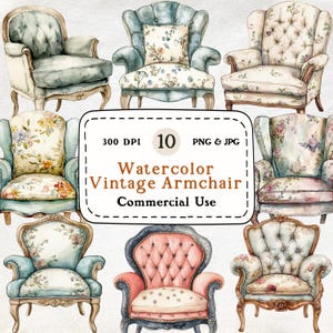 Vintage Armchair - 10 Watercolor Clipart Set, Furniture Clipart, Decor Illustration, 300 DPI, Digital Download, Scrapbooking, Commercial Use