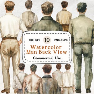 Vista posterior de un hombre - Conjunto de 10 imágenes prediseñadas de acuarela, imágenes prediseñadas de hombre, Cottagecore PNG, 300 DPI, descarga digital, álbum de recortes, uso comercial