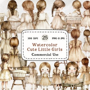 25 Watercolor Vintage Little Girls Clipart Bundle – Retro Children Illustrations, Cottagecore Nursery Decor, Victorian Baby Shower Graphics