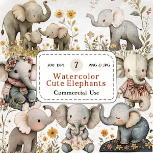Elefantes fofos - Conjunto de 7 clipart em aquarela, clipart de elefante, caprichoso, clipart de animal, arte de berçário, ilustrações infantis, uso comercial